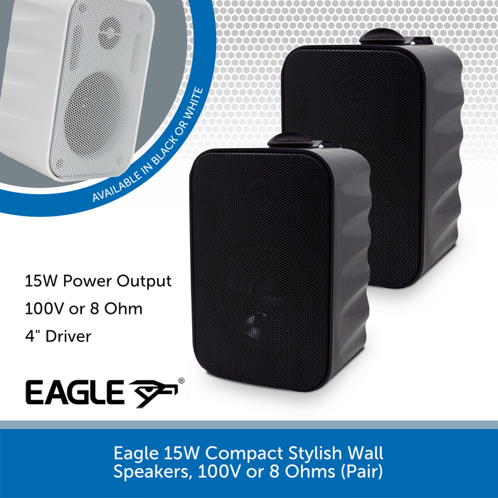 Eagle 15W Compact Stylish Wall Speakers, 100V or 8 Ohms (Pair)