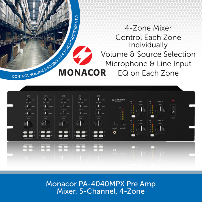 Monacor PA-4040MPX Pre Amp Mixer, 5-Channel, 4-Zone