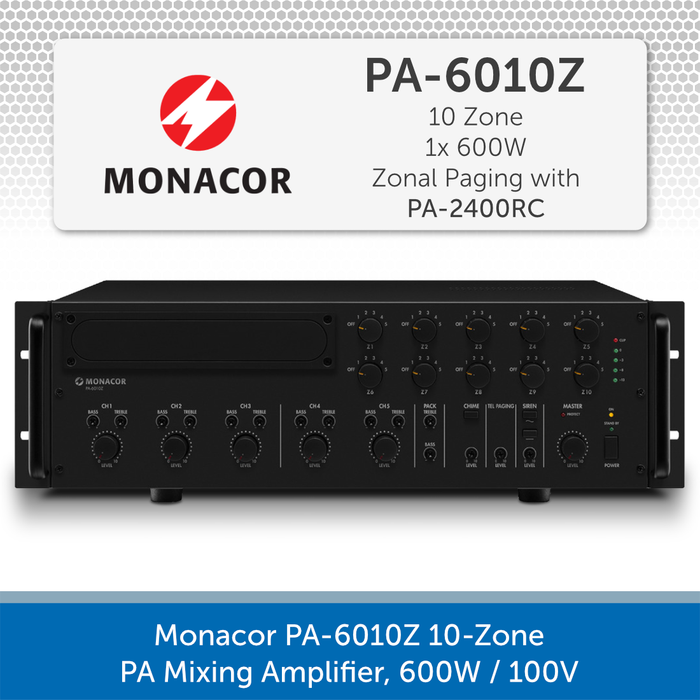 Monacor PA-6010Z 10-Zone PA Mixing Amplifier, 600W / 100V