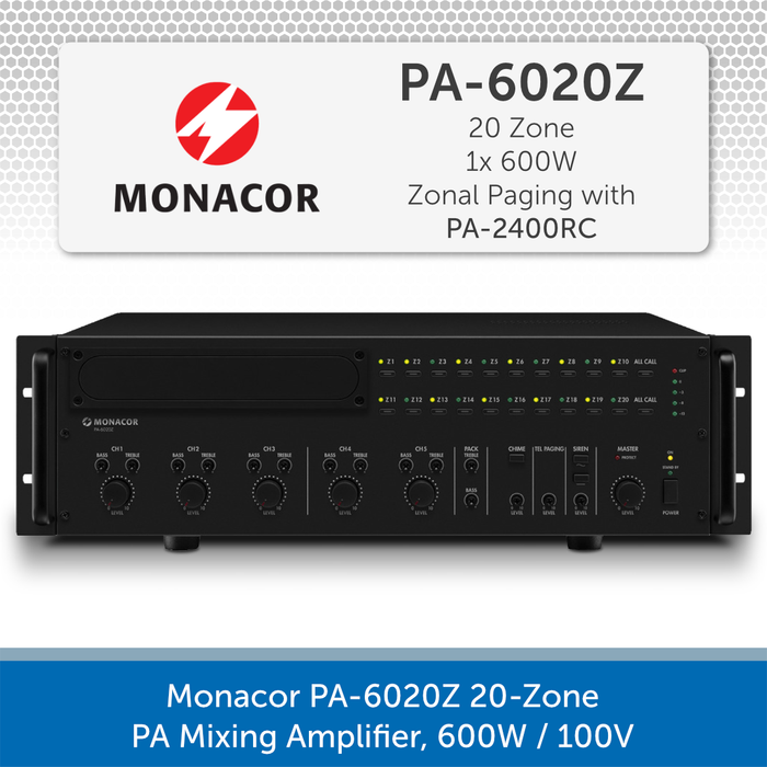 Monacor PA-6020Z 20-Zone PA Mixing Amplifier, 600W / 100V