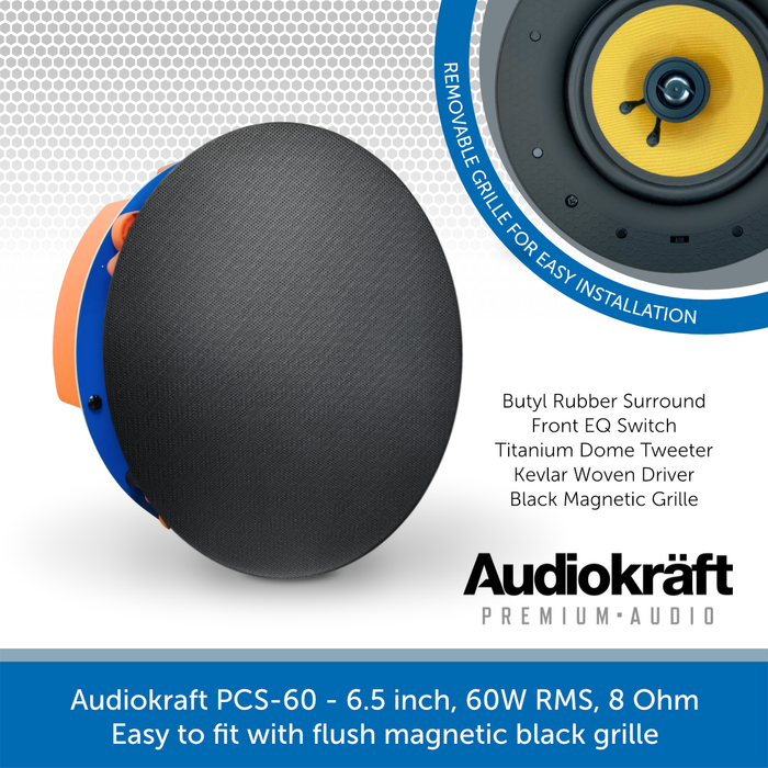 AudioKraft PCS-60-BK Black Ceiling Speaker - Premium 60W 6.5 inch 8 Ohms