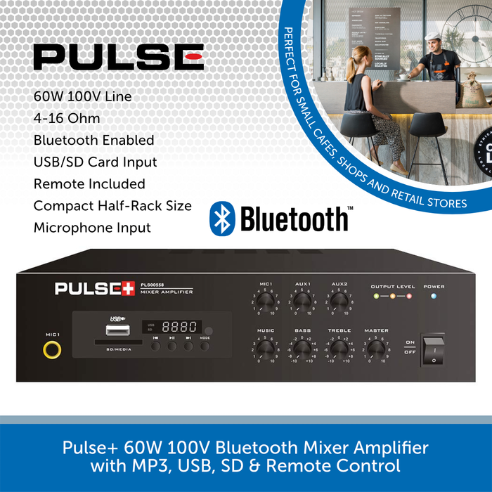 Pulse+ 60W 100V Bluetooth Mixer Amplifier with MP3, USB, SD & Remote Control