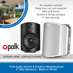 Polk Audio Atrium 4 Outdoor Weatherproof 4 inch Wall Mount Speakers - Black or White