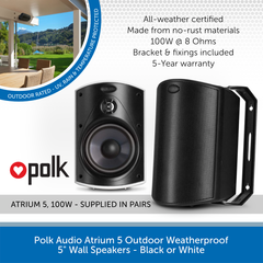 Polk Audio Atrium 5 Outdoor Weatherproof 5 inch Wall Mount Speakers - Black or White