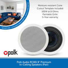 Polk Audio RC80i 8 inch Premium In-Ceiling Speakers (Pair)