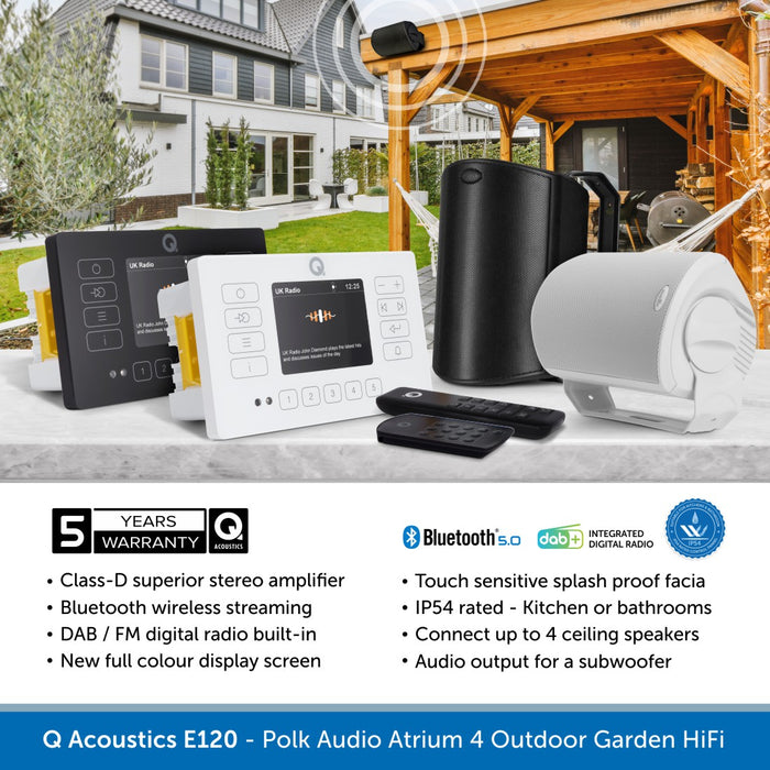Q Acoustics E120 & Polk Audio Atrium 4 Outdoor Garden HiFi System Bluetooth & DAB Radio
