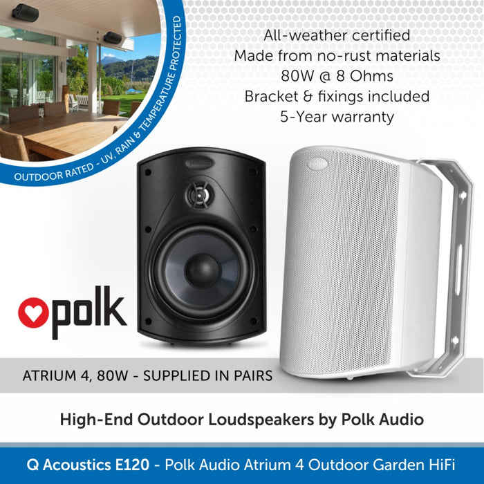 Q Acoustics E120 & Polk Audio Atrium 4 Outdoor Garden HiFi System Bluetooth & DAB Radio