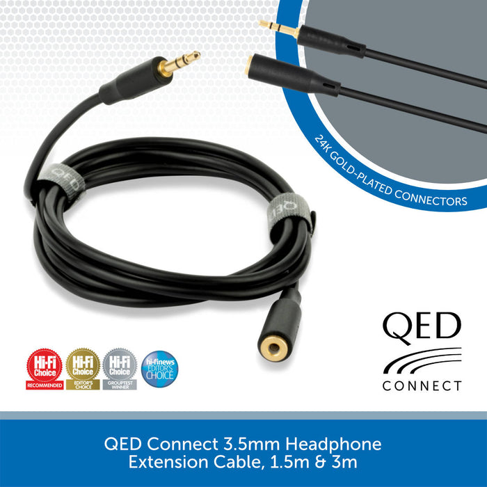 QED Connect 3.5mm Jack Headphone Extension Cable, 1.5m & 3m