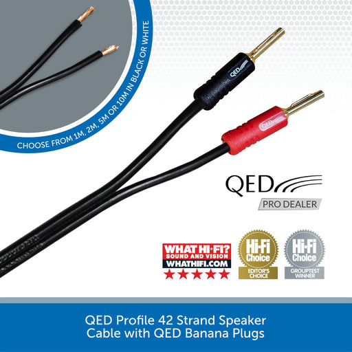 QED Profile 42 Strand Speaker Cable with QED Banana PlugsQED Profile 42 Strand Speaker Cable - Black or White (Custom Length)