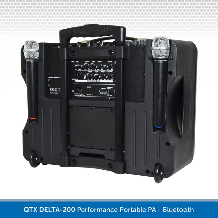 QTX DELTA-200 Performance Portable PA Unit | Bluetooth & 2 Wireless UHF Microphones