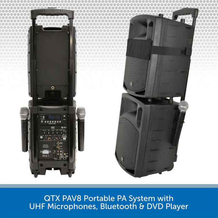 QTX PAV8 Portable PA System with UHF Microphones, Bluetooth & DVD Player