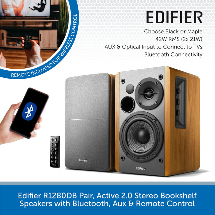 Edifier R1280DB Pair, Active 2.0 Stereo Bookshelf Speakers with Bluetooth, Aux & Remote Control