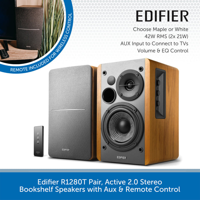 Edifier R1280T Pair, Active 2.0 Stereo Bookshelf Speakers with Aux & Remote Control