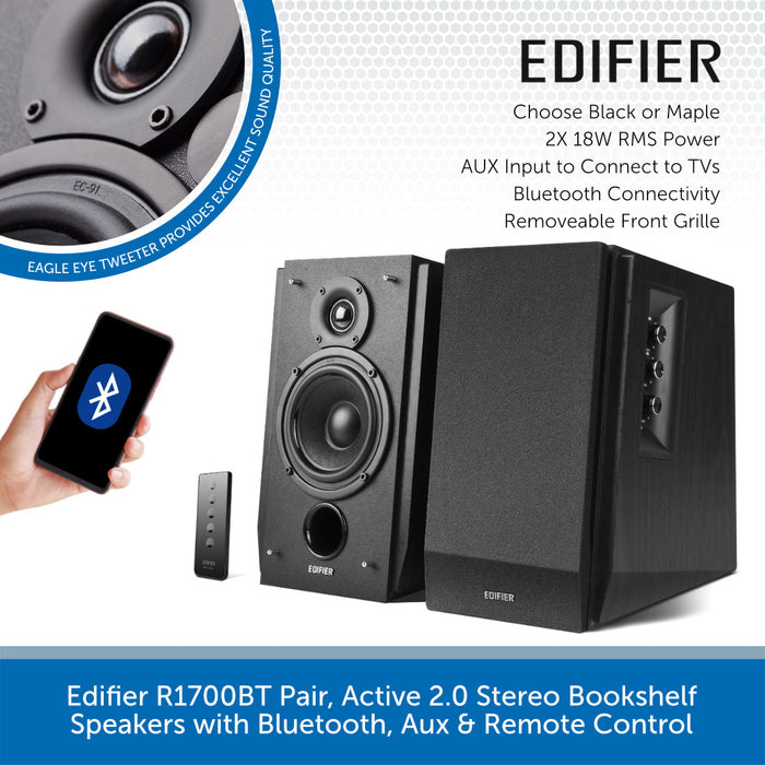 Edifier R1700BT Pair, Active 2.0 Stereo Bookshelf Speakers with Bluetooth, Aux & Remote Control