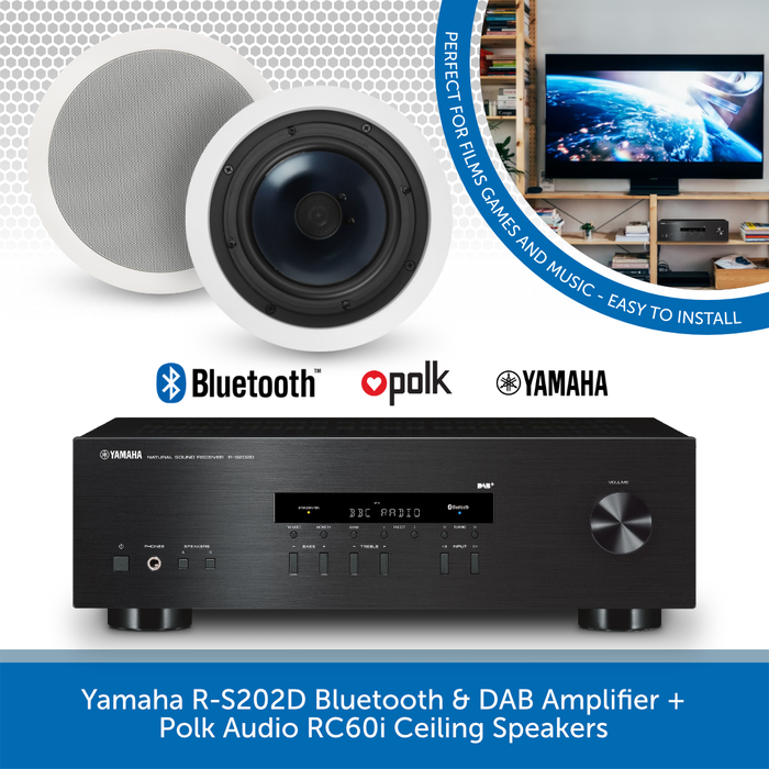 Yamaha R-S202D Bluetooth & DAB Amplifier + Polk Audio RC60i Ceiling Speakers + Clarion Speaker Cable
