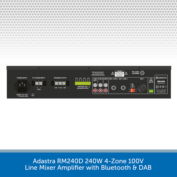 Adastra RM240-DAB 240W 4-Zone 100V Line Mixer Amplifier with Bluetooth & DAB