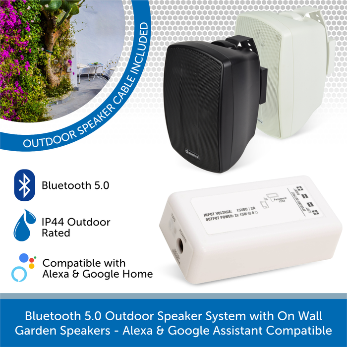 AudioVolt Bluetooth 5.0 Outdoor Speaker System with On Wall Garden Speakers - Alexa & Google Assistant Compatible