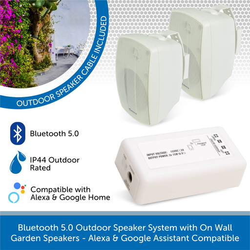AudioVolt Bluetooth 5.0 Outdoor Speaker System with On Wall Garden Speakers - Alexa & Google Assistant Compatible