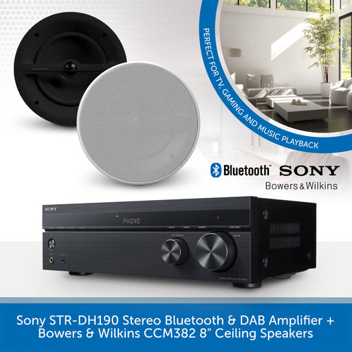 Sony STR-DH190 Stereo Bluetooth Amplifier Receiver + Bowers & Wilkins CCM382 8" Ceiling Speakers + Clarion Speaker Cable