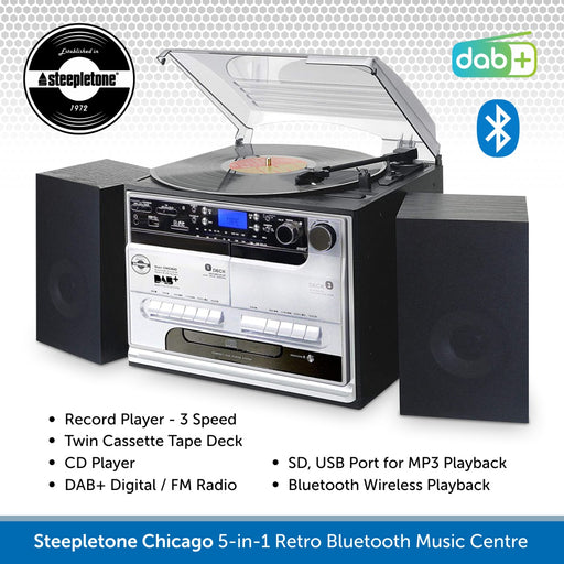 Steepletone Chicago 5-in-1 Music Centre, Record Player with Twin Tape Deck, CD Player & DAB Digital Radio