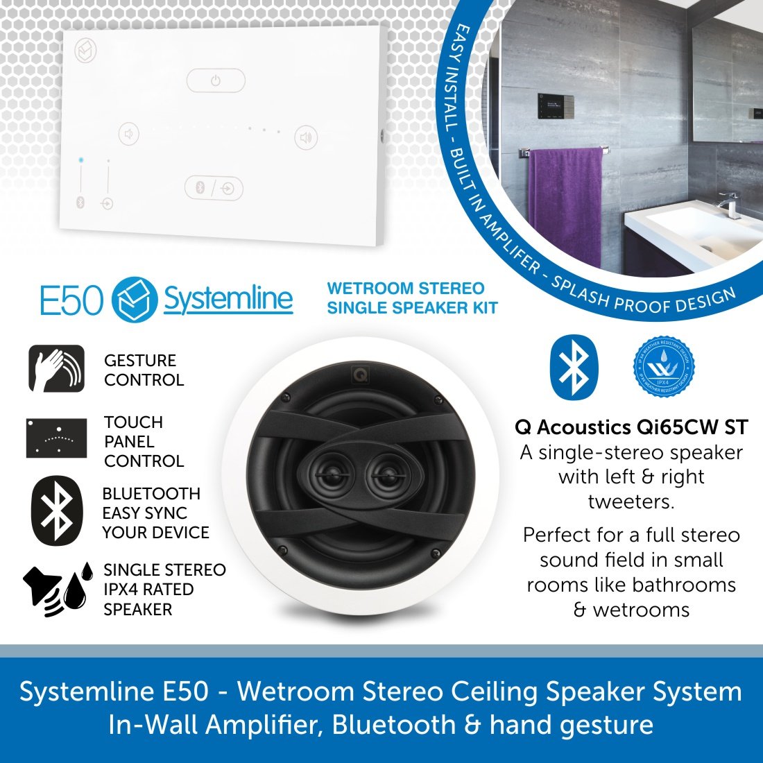 Systemline E50 & Qi65CWST Bathroom Stereo Speaker System Audio Volt