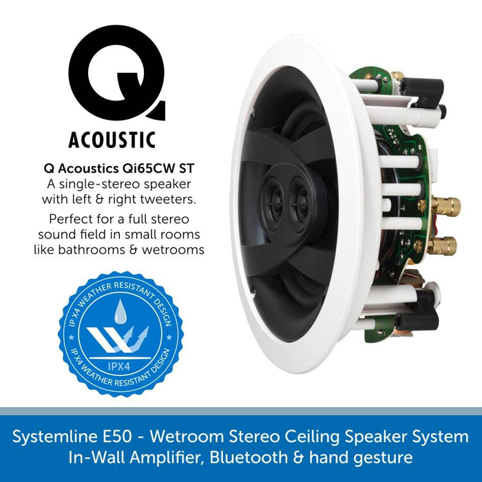 Systemline E50 - Wetroom Single Stereo Ceiling Speaker System, In-Wall Amplifier, Bluetooth & hand gesture