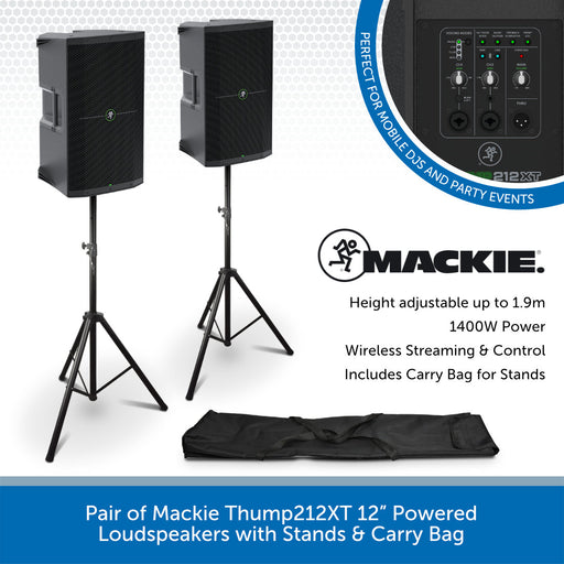 Pair of Mackie Thump212XT 12” Powered Loudspeakers w/ Stands & Carry Bag