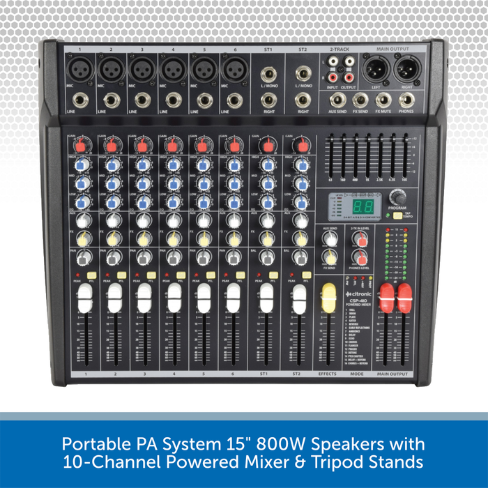 Portable PA System 12" 800W Speakers with 10-Channel Powered Mixer & Tripod Stands