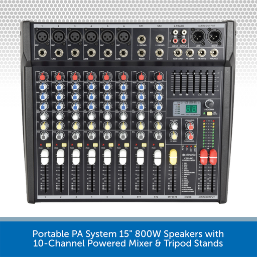Portable PA System 15" 800W Speakers with 10-Channel Powered Mixer & Tripod Stands