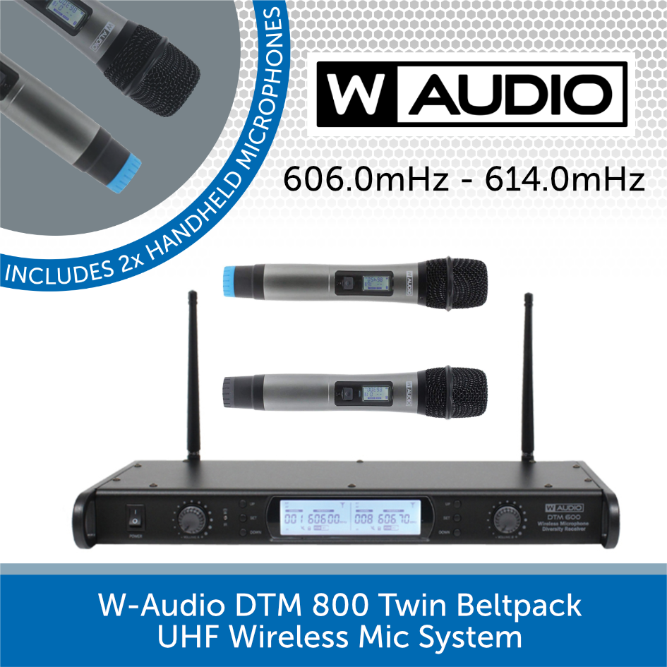 W Audio DTM 600H Twin Handheld UHF Wireless Mic System V2 Software 606.0mHz 614.0mHz