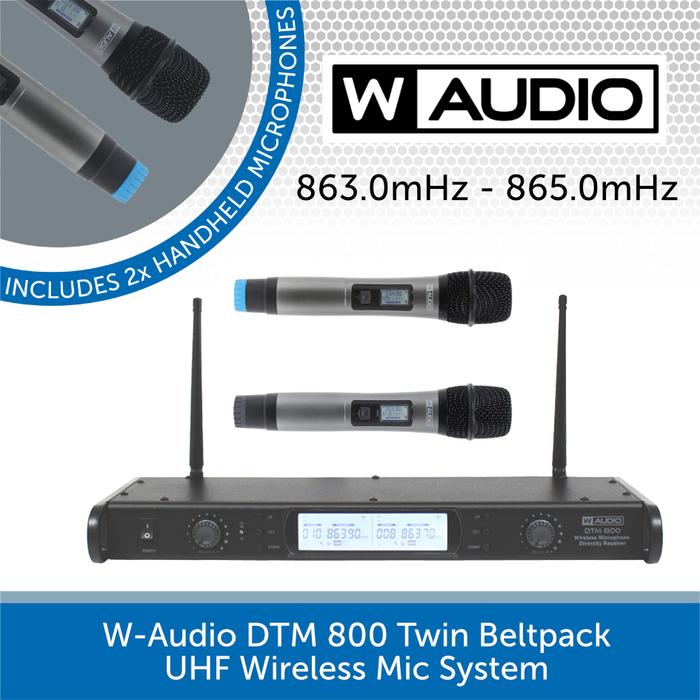 W-Audio DTM 800H Twin Handheld UHF Wireless Mic System + V2 Software (863.0mHz-865.0mHz)