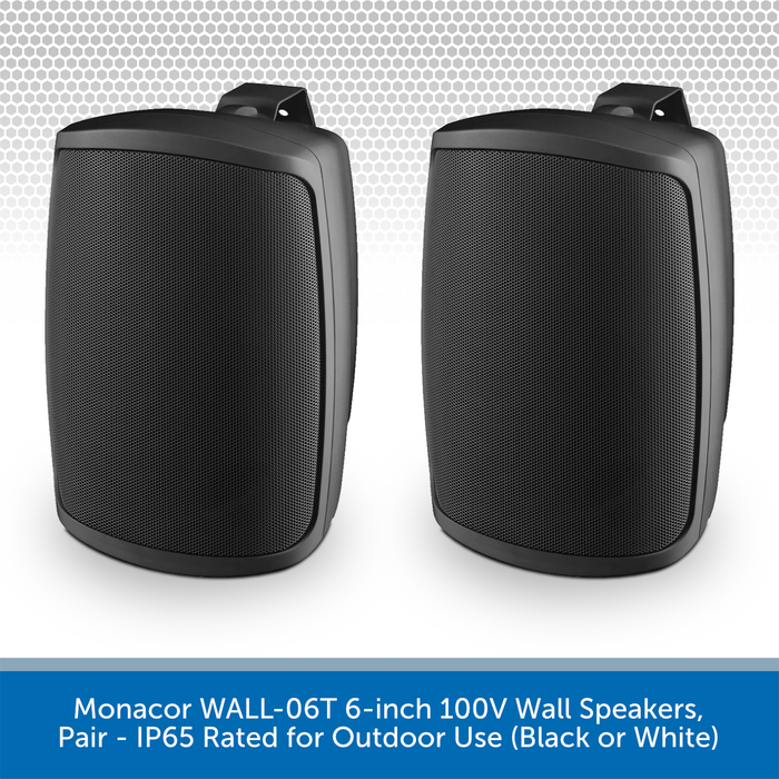 Monacor WALL-06T 6-inch 100V Wall Speakers, Pair - IP65 Rated for Outdoor Use (Black or White)