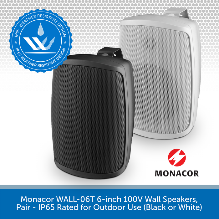 Monacor WALL-06T 6-inch 100V Wall Speakers, Pair - IP65 Rated for Outdoor Use (Black or White)
