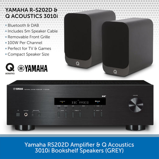 Yamaha RS202D Amplifier & Q Acoustics 3010i Bookshelf Speakers (GREY)