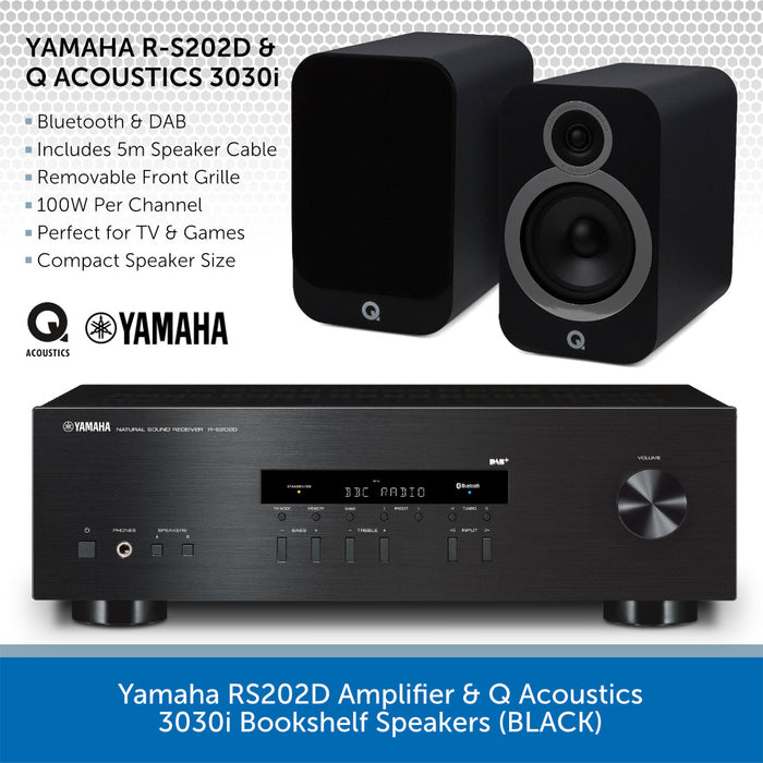 Yamaha RS202D Amplifier & Q Acoustics 3030i Bookshelf Speakers (BLACK)